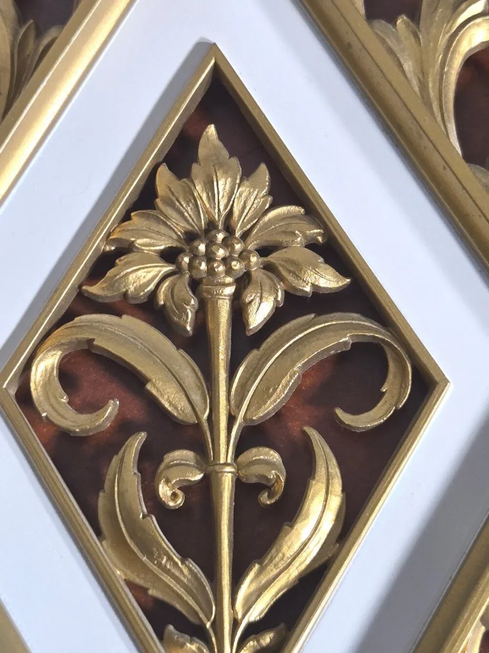 Vintage 1970s Homco Gold Diamond Floral Wall Art - Faux Wood Resin Set of 4